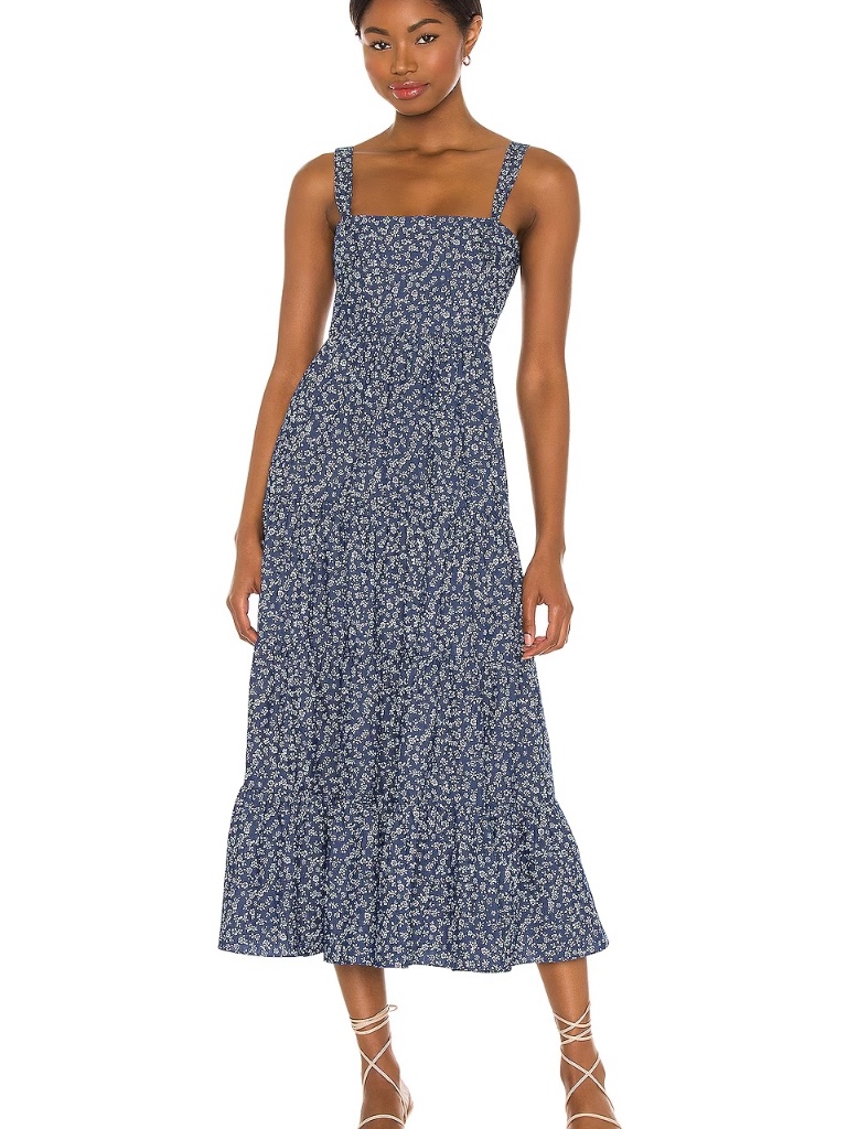 Likely Revolve Kimber Ditsy Floral Tiered Midi Dress Cotton Knotted Straps Sz 8